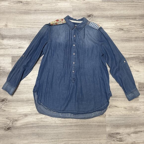 Boho Denim Patchwork Shirt Womens L Distressed Blue Applique Long Sleeve Western - Picture 6 of 10